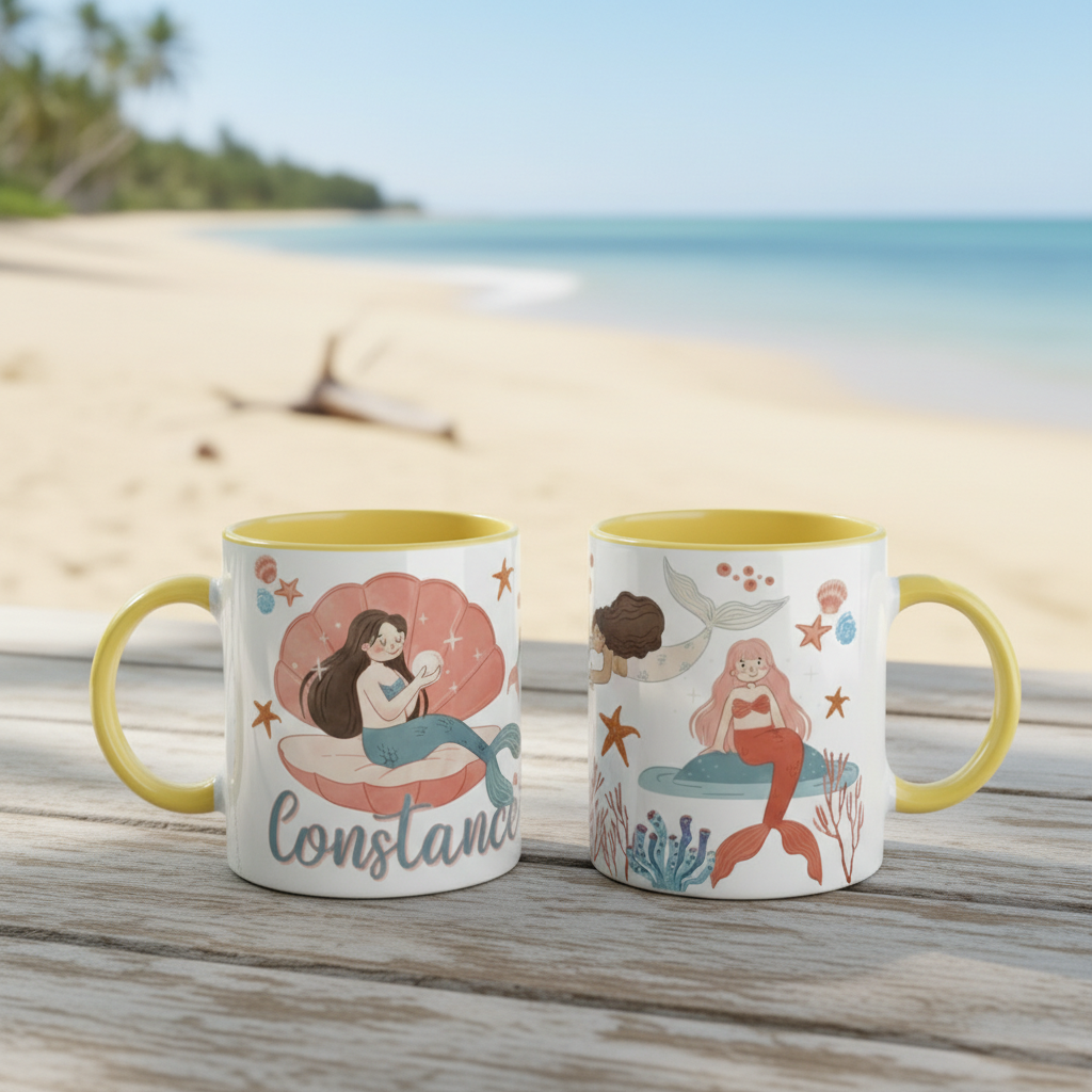 Mug personnalisé enfant thème sirène posé sur une table en bord de mer