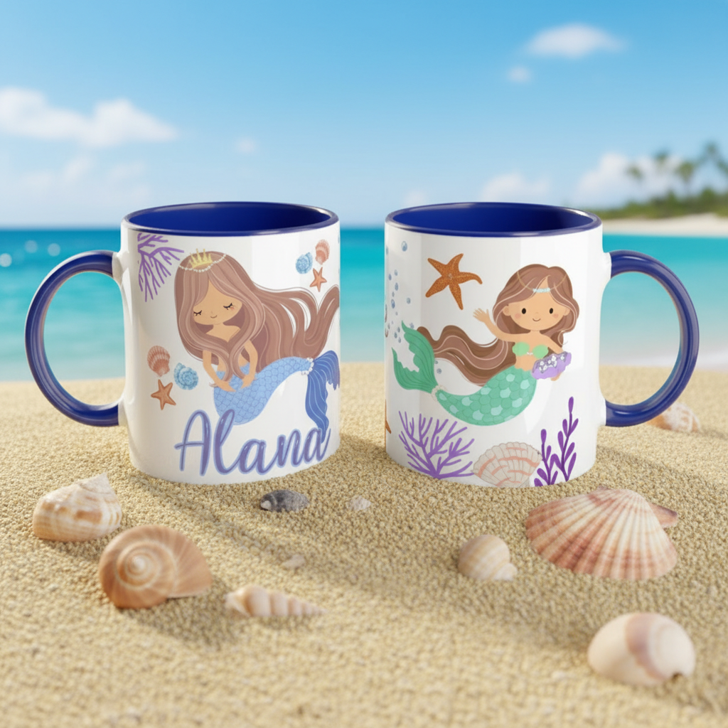 Mug personnalisé thème sirène avec intérieur bleu posé sur le sable