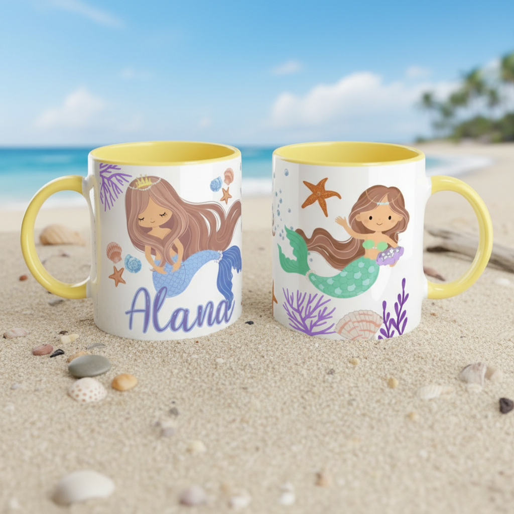 Mug personnalisé thème océan avec illustration sirène et intérieur jaune
