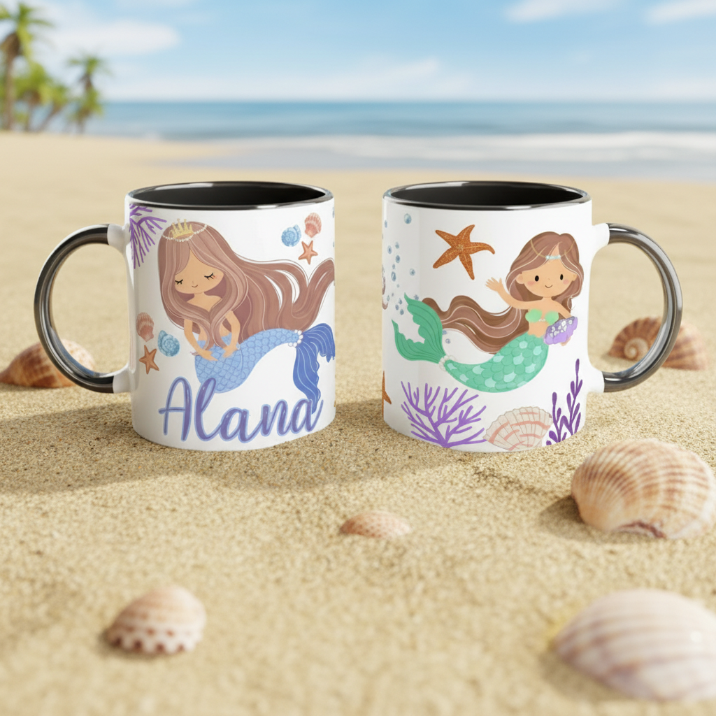 Mug personnalisé thème mer avec illustration de sirène et intérieur noir