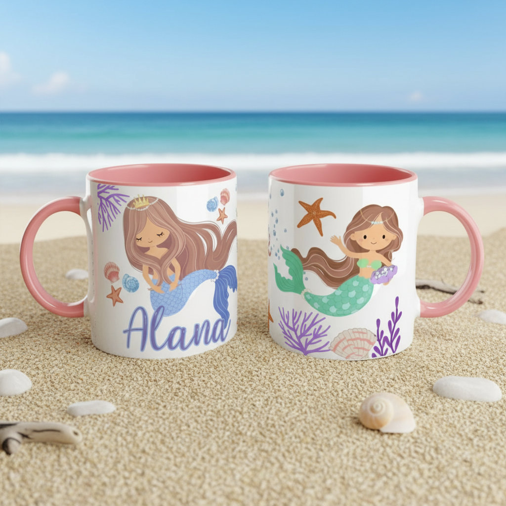 Mug personnalisé sirène décor marin avec intérieur rose