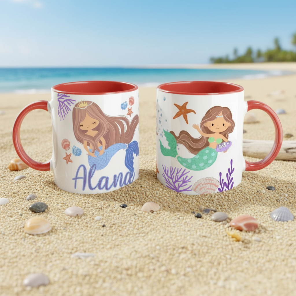 Mug personnalisé sirène avec décor marin et intérieur rouge.