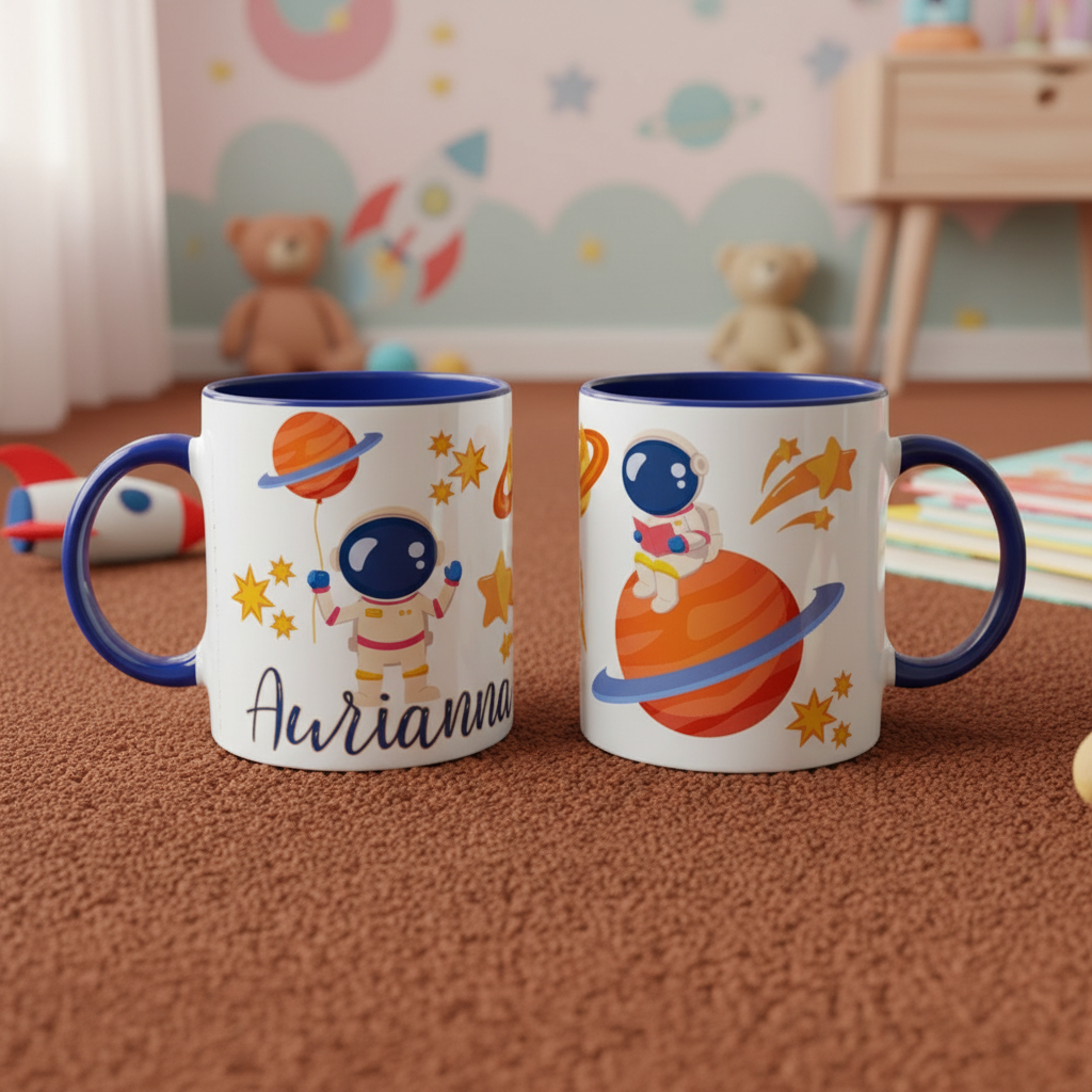 mug enfant thème espace avec anse bleue et illustration astronaute