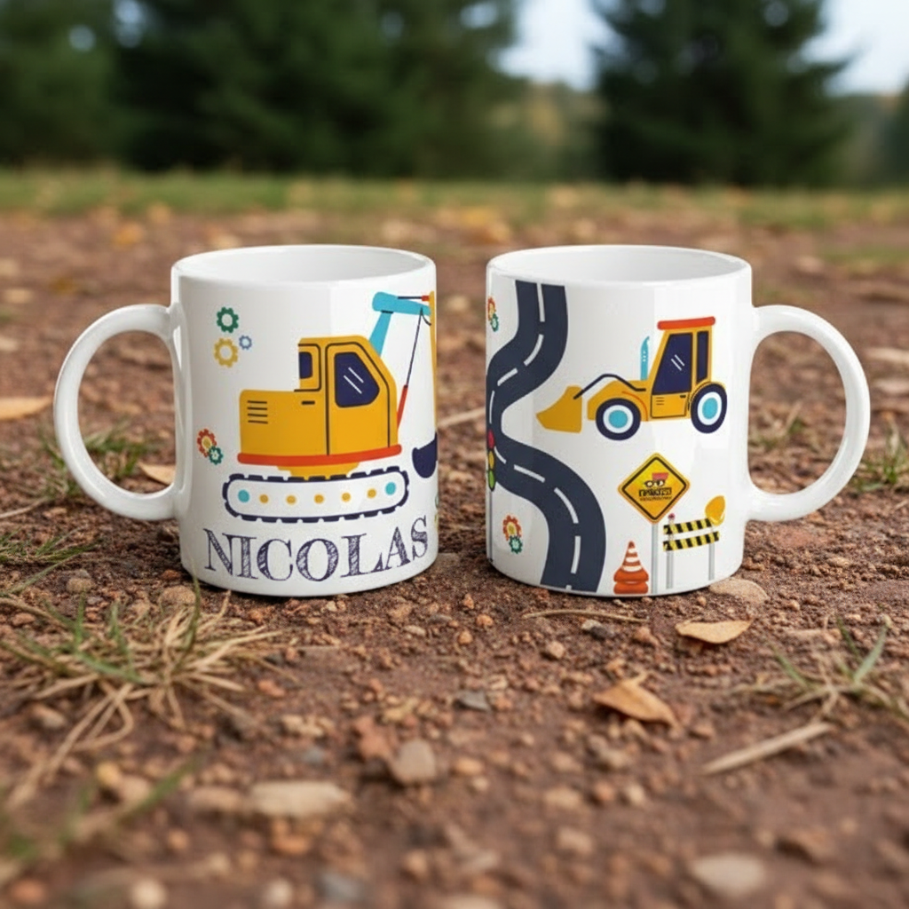 Illustration colorée d’un engin de chantier sur mug personnalisé enfant