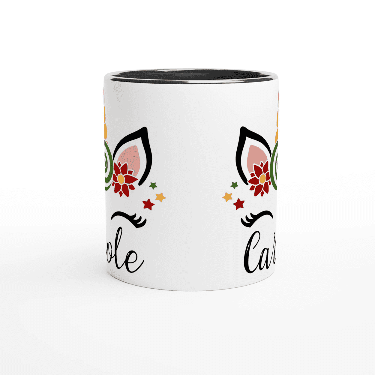 Mug blanc avec motif licorne festive et bonbon spiralé, anse noire et intérieur noir.