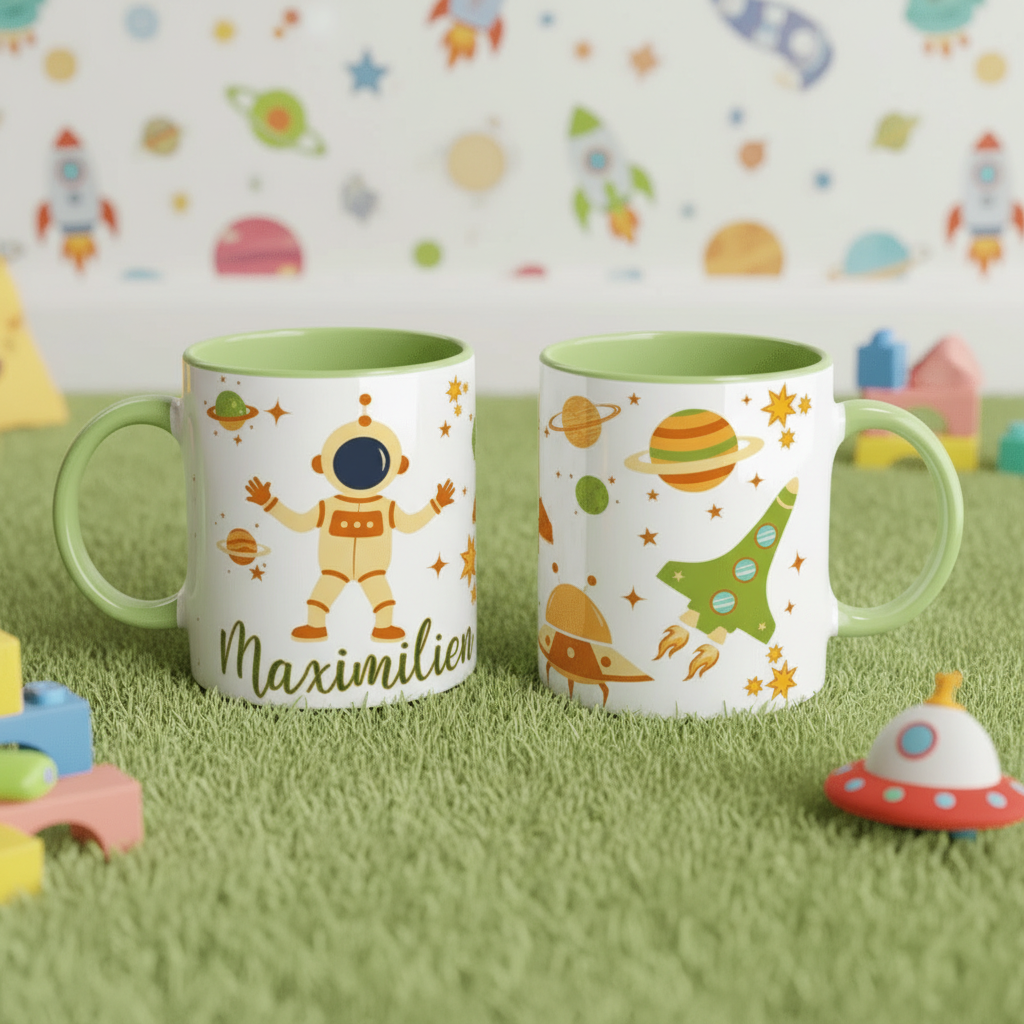 mug enfant personnalisé avec astronaute et planètes sur fond vert