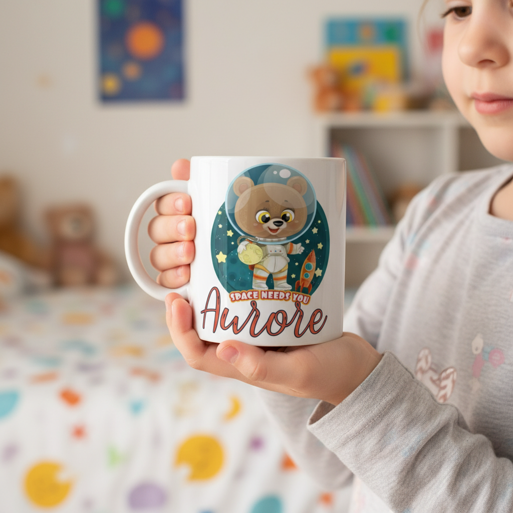 Enfant tenant un mug personnalisé thème espace avec astronaute et planètes