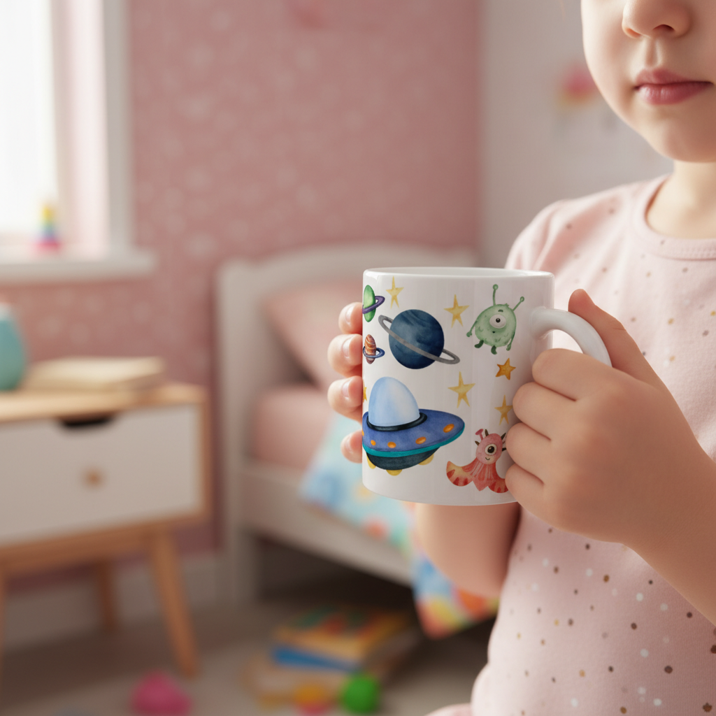 Mug enfant personnalisé avec illustration astronaute tenu par un enfant dans une chambre