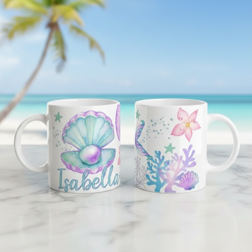 Mug prénom enfant personnalisable avec illustration de sirène, coquillages et coraux dans un univers océanique féerique