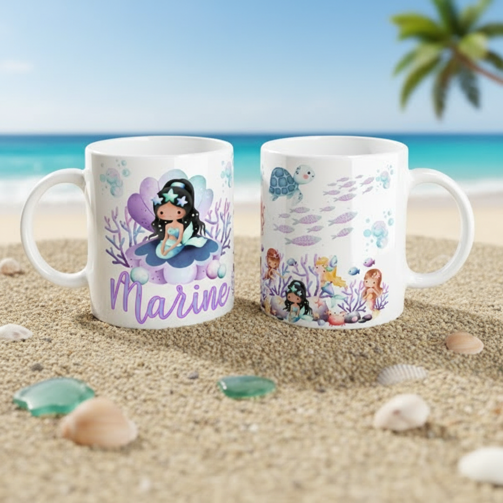 Mug prénom fille avec illustration de sirène et décor marin pour enfant