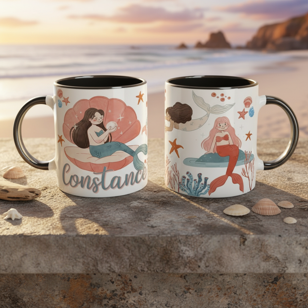 Mug personnalisé enfant thème sirène posé sur une table en bord de mer