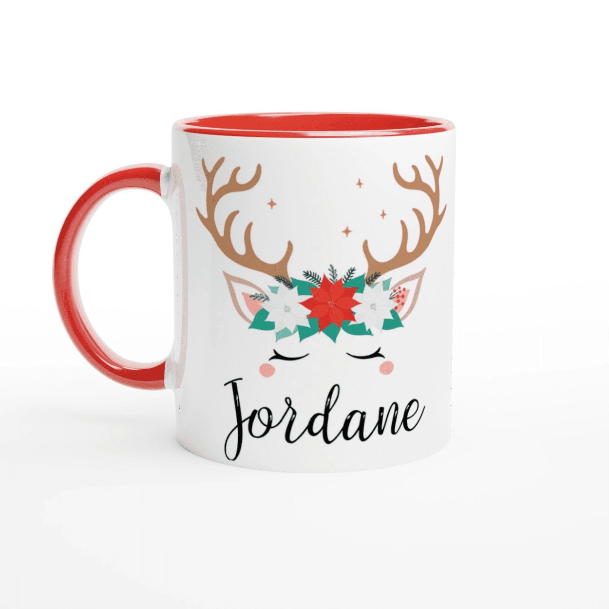 Mug blanc avec illustration de renne et couronne de fleurs de Noël, anse rouge vif et intérieur rouge