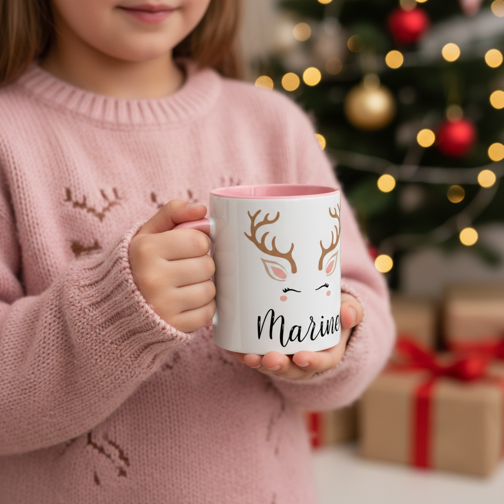 mug renne personnalisé tenu avec une boisson chaude en hiver