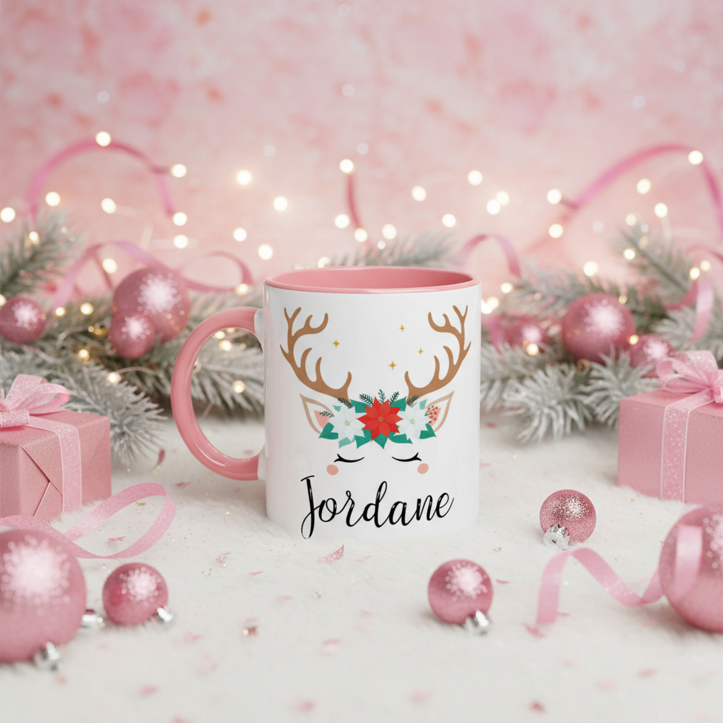 mug personnalisé renne avec couronne florale de noël