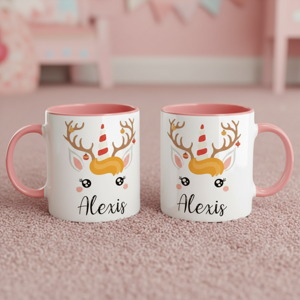 Mug personnalisé de Noël avec motif renne licorne dans un décor hivernal