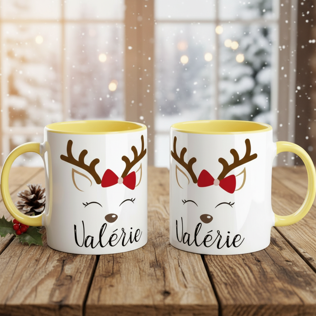 Mug de Noël avec motif renne entouré de décorations festives