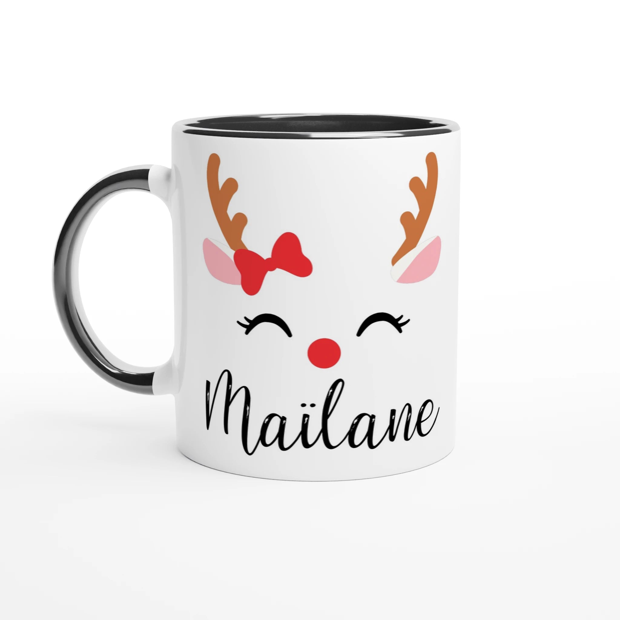 Mug de Noël avec visage de renne souriant, bois marron et nœud rouge, anse noire et intérieur noir.