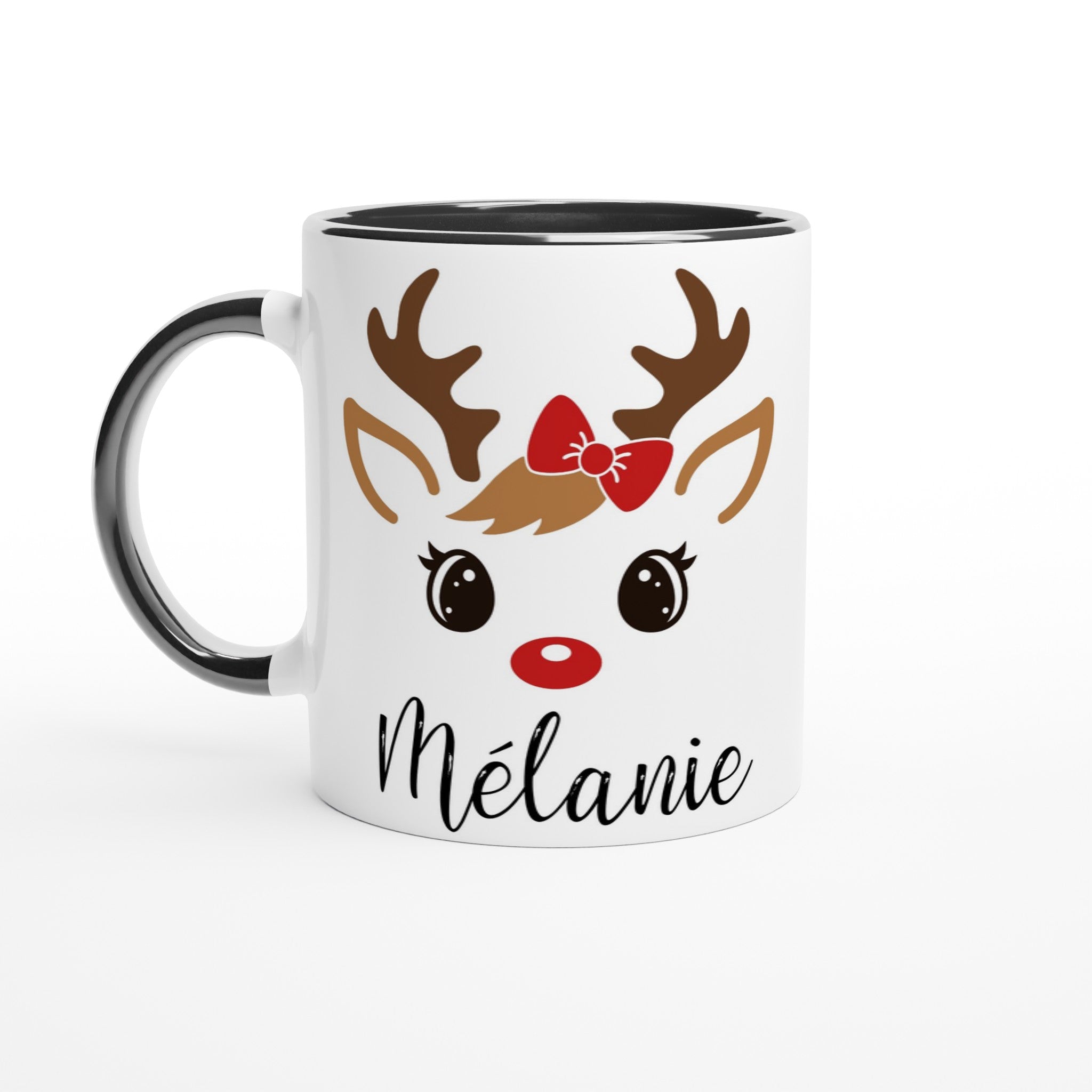 Mug de Noël avec visage de renne aux yeux ouverts, nœud rouge et bois marron, anse noire et intérieur noir
