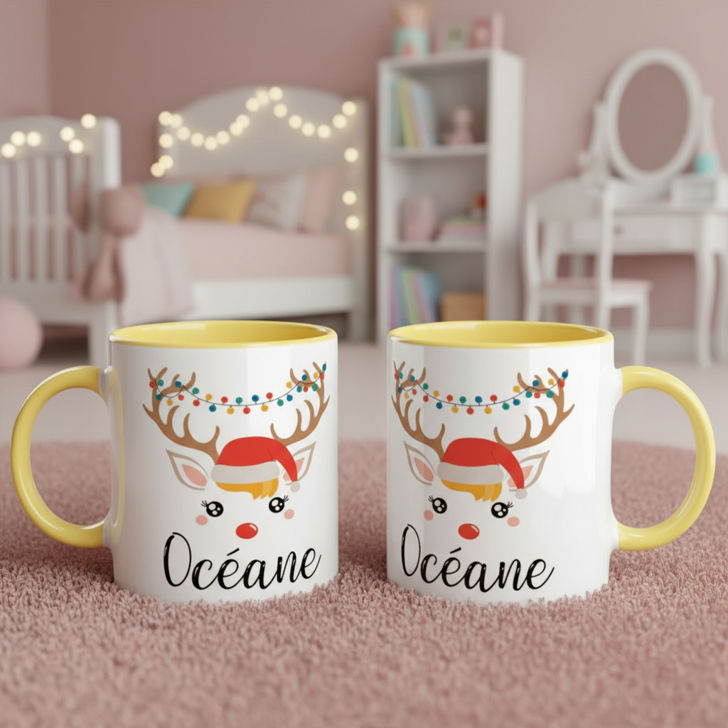 Mug renne de Noël personnalisé avec anse jaune