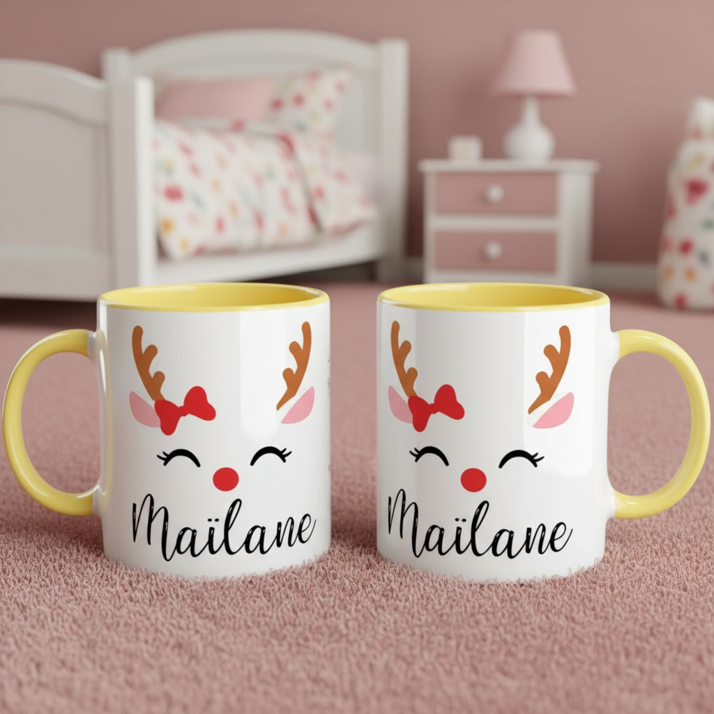 mug personnalisé renne de Noël avec intérieur jaune
