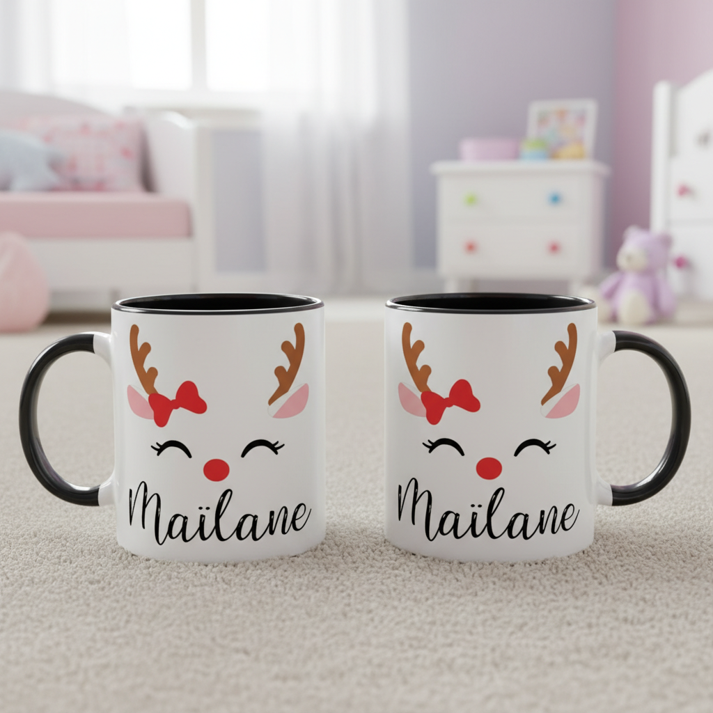 mug personnalisé renne de Noël avec anse noire