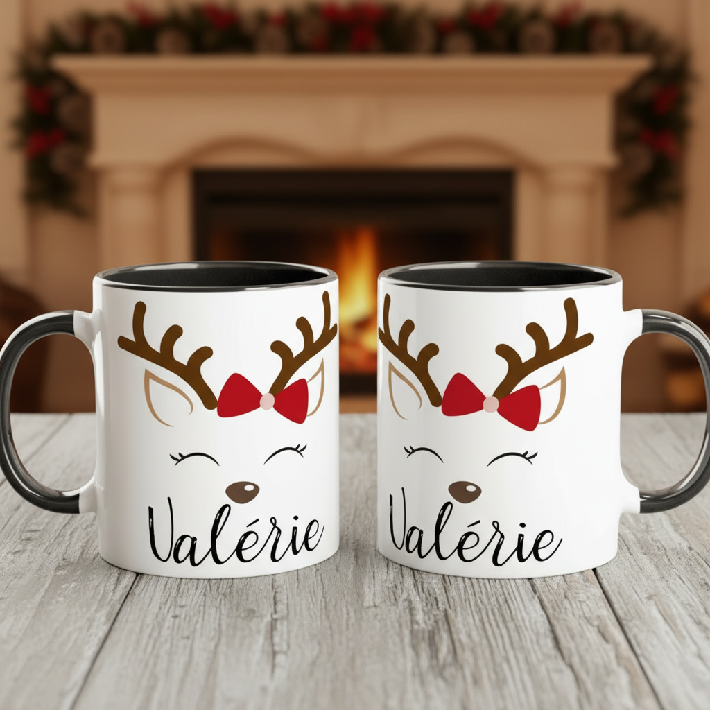 Mug personnalisé de Noël avec renne posé sur une table en bois