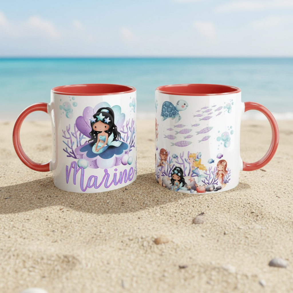mug enfant illustré avec sirènes et animaux marins