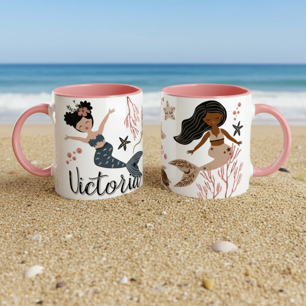 mug décor sirène posé sur sable avec décor bord de mer