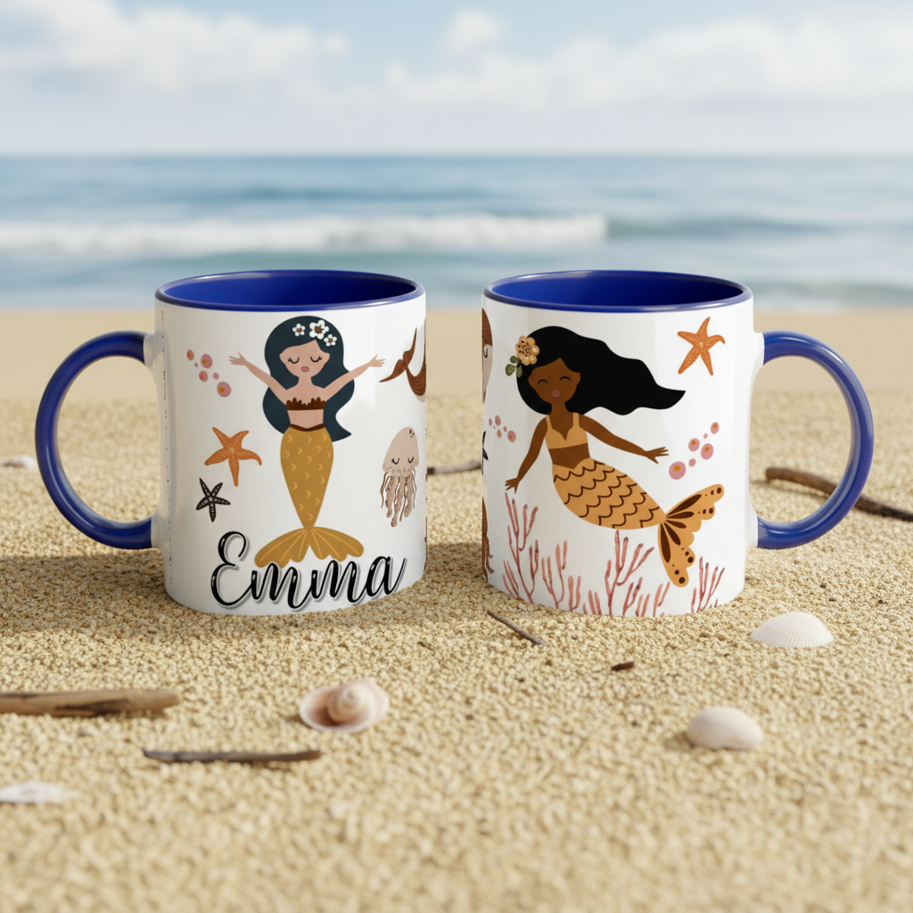 tasse personnalisée enfant sirène avec poignée bleue décor marin
