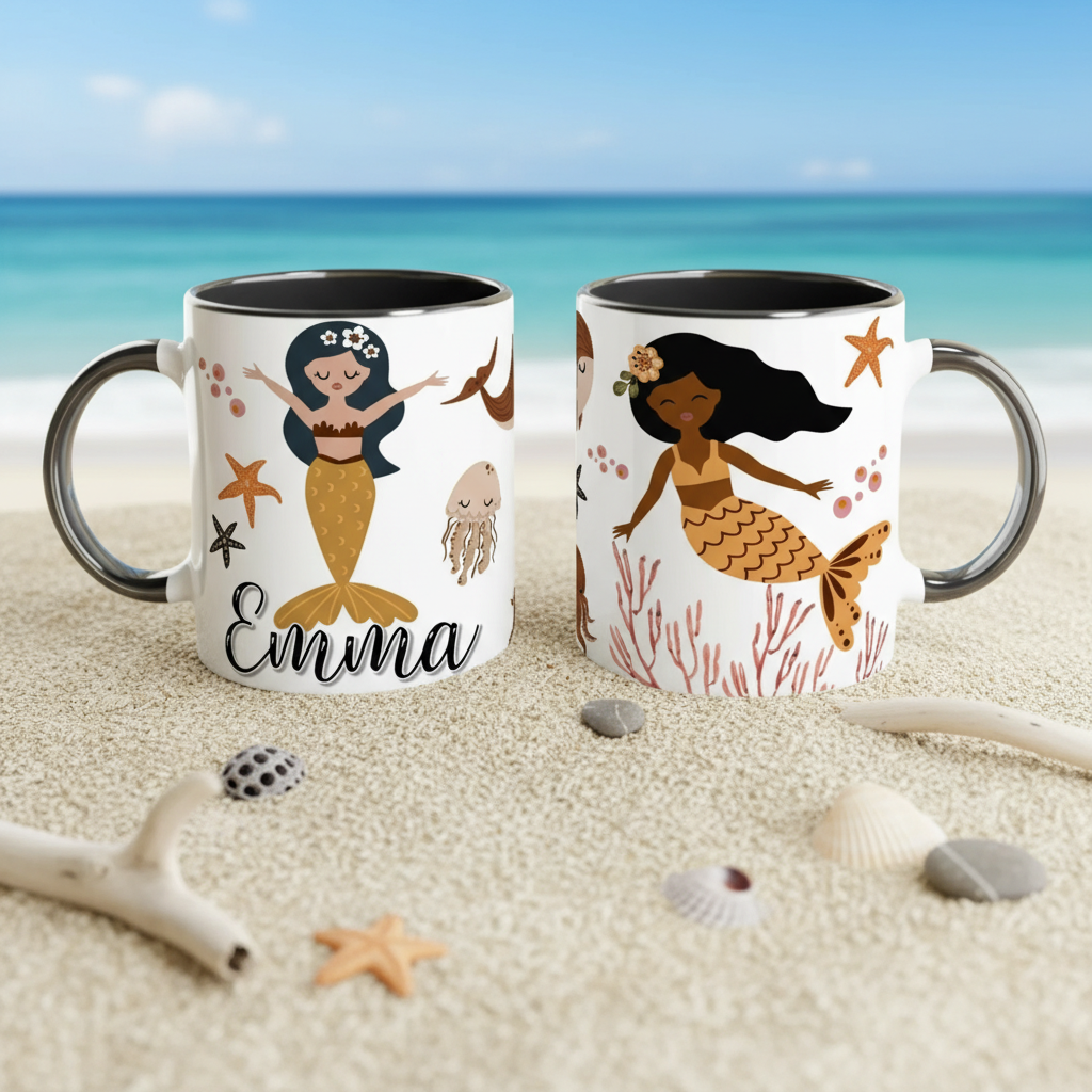 mug personnalisé enfant illustration sirène poignée noire.