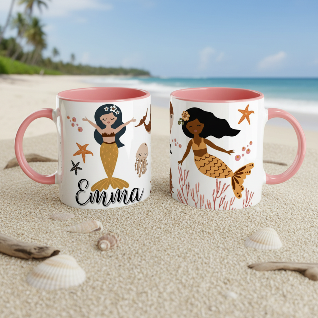 tasse enfant personnalisée sirène poignée rose en intérieur