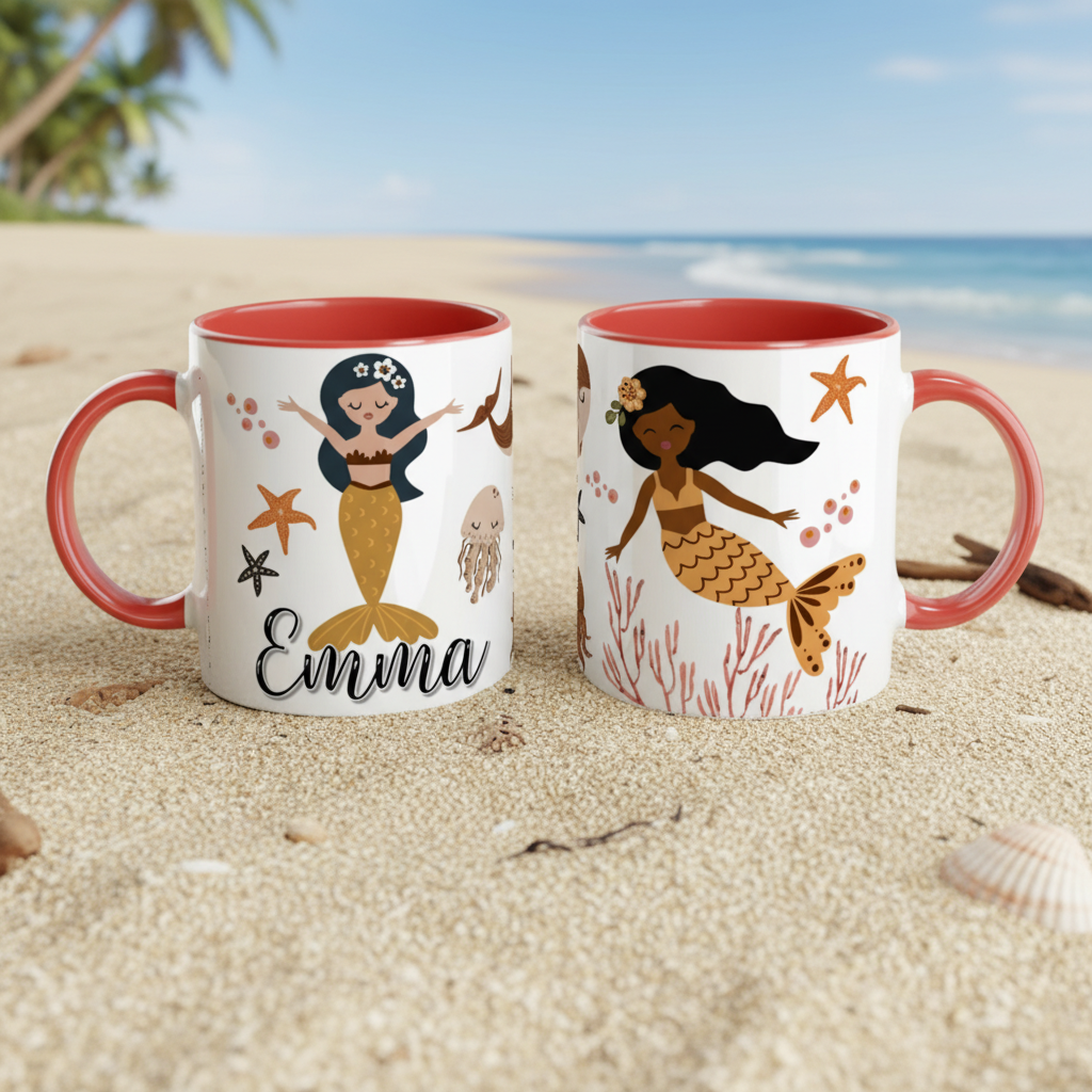 mug enfant personnalisé thème sirène poignée rouge sur sable
