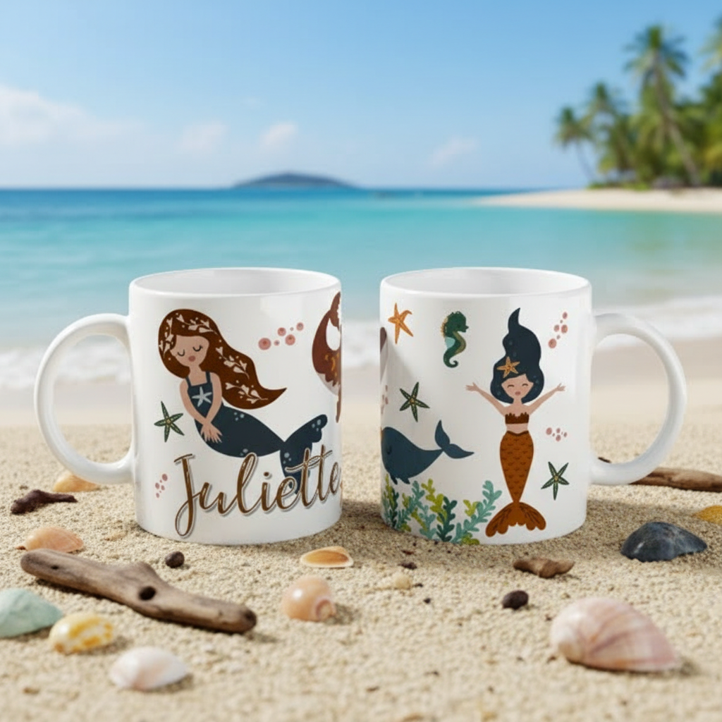 Mug sirène personnalisé avec illustrations marines, étoiles de mer et hippocampes, tasse décorative thème océan féerique