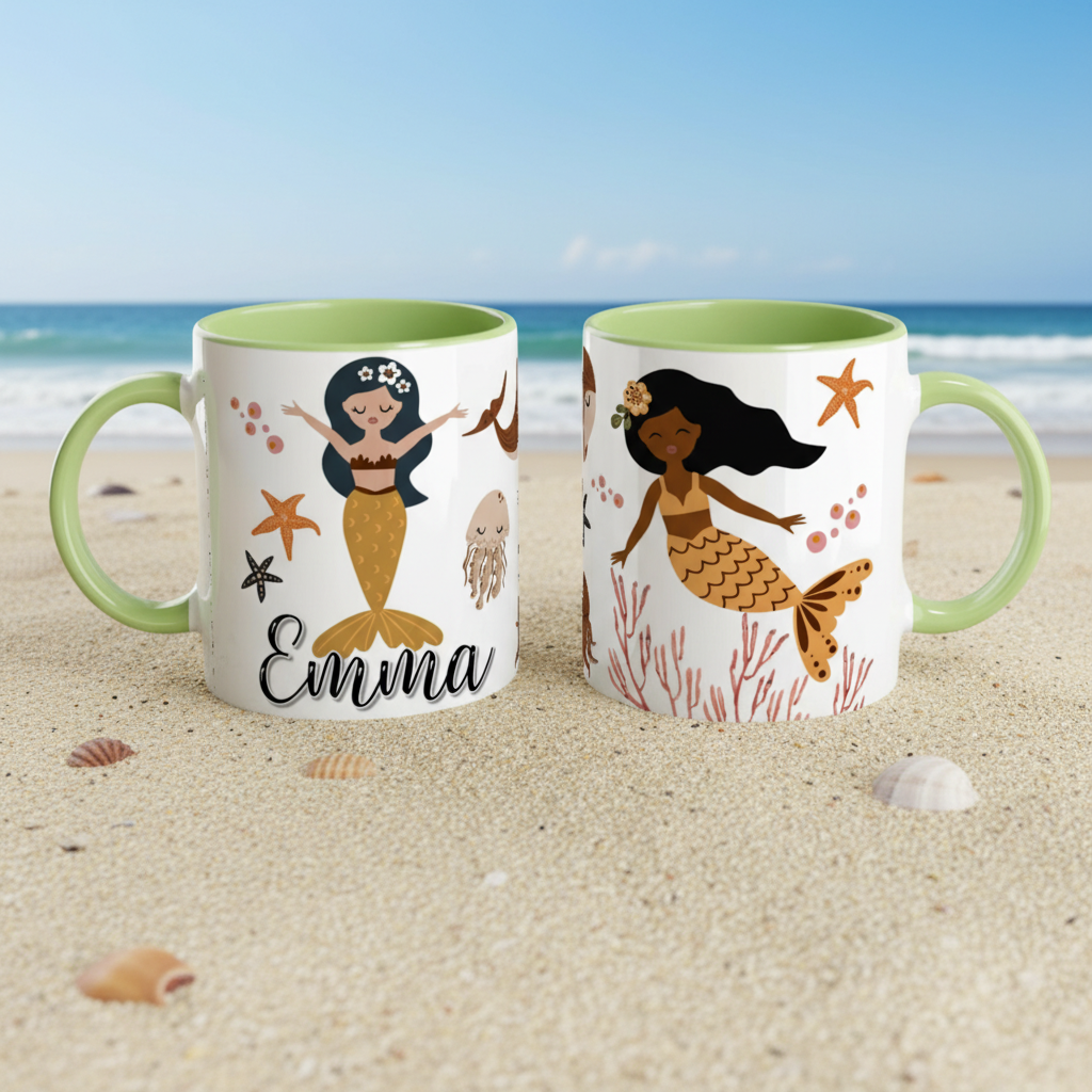 mug enfant personnalisé sirène poignée verte ambiance plage