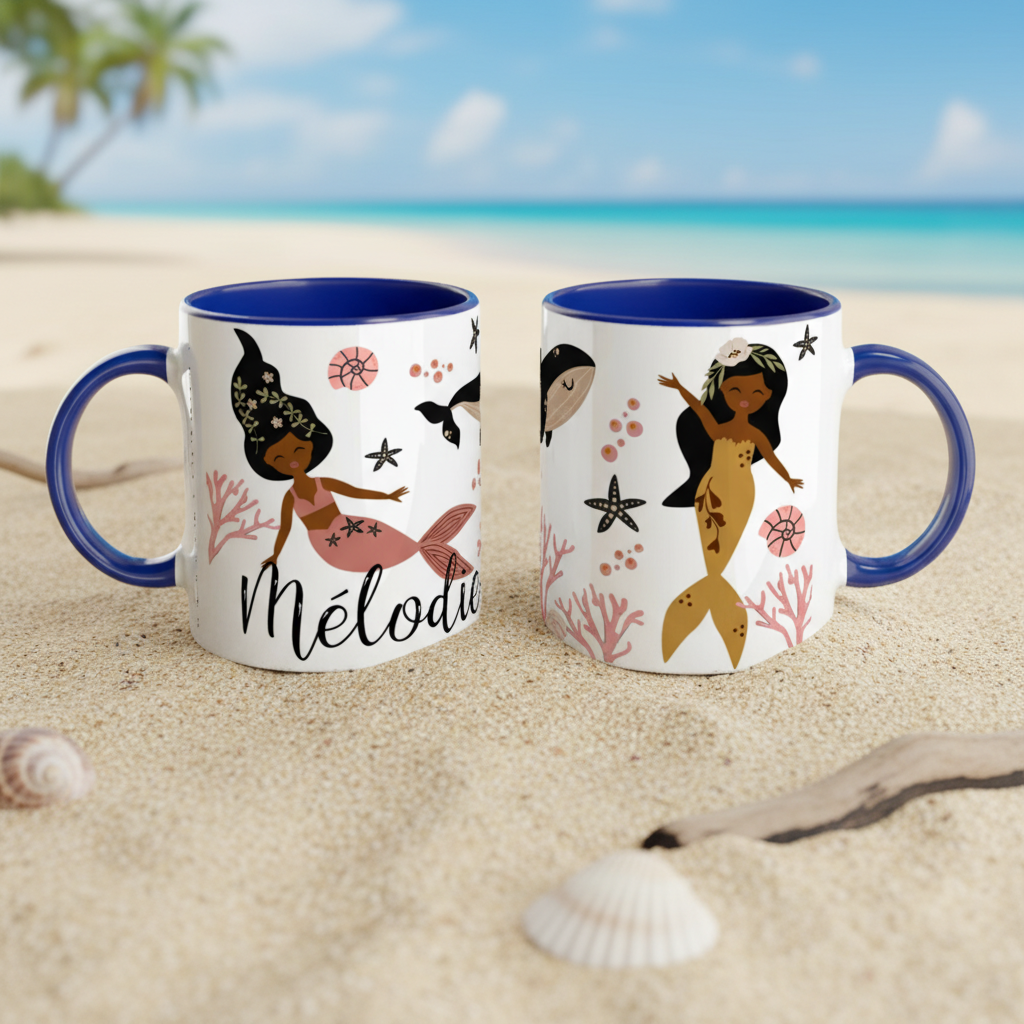 Mug illustré sirène avec fond océan et éléments marins