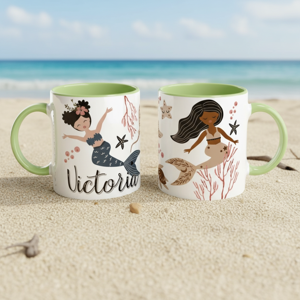 mug personnalisé avec illustration sirène vue de face sur fond marin