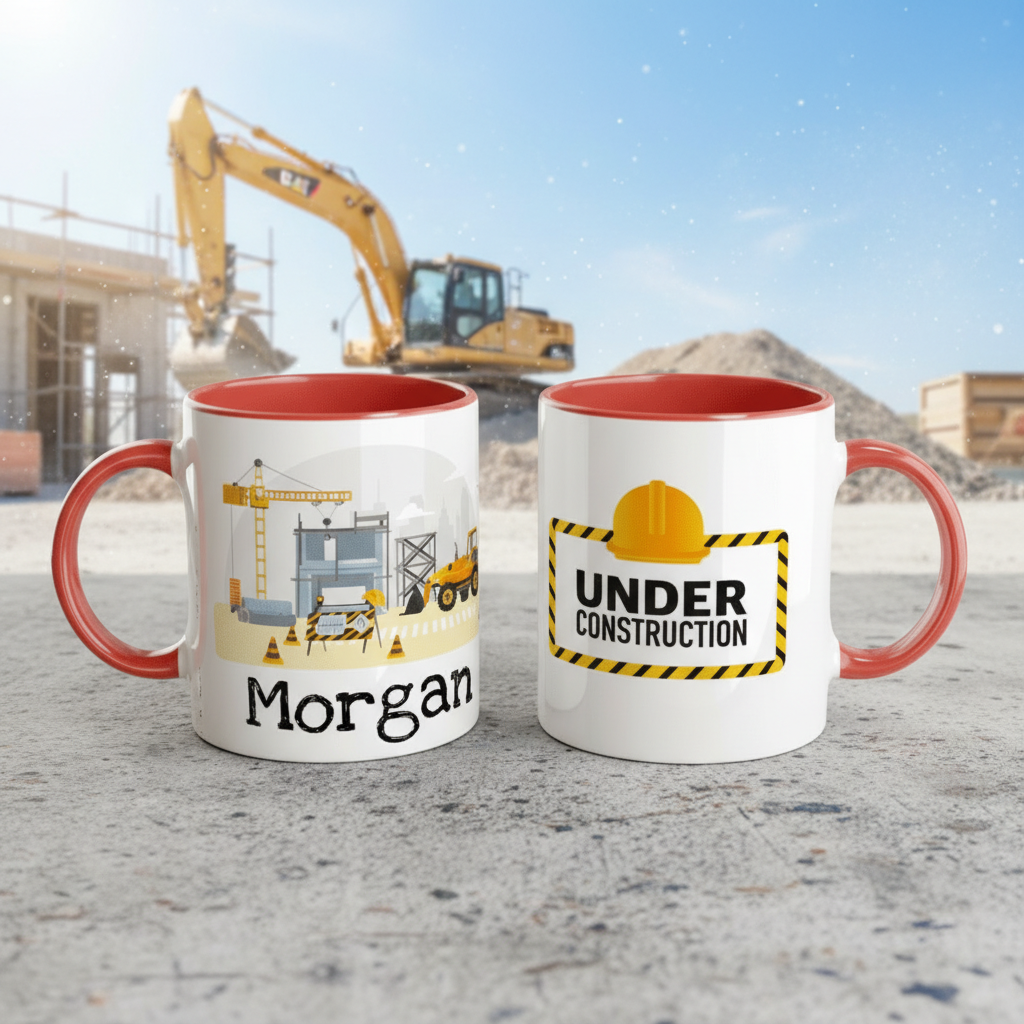 Mug travaux design industriel avec illustration engins de chantier