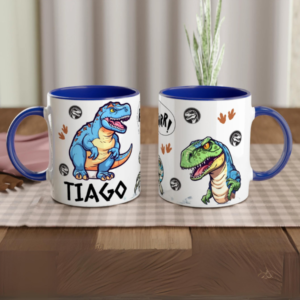 Mug personnalisé avec motif dinosaure T-Rex, intérieur bleu, cadeau parfait pour enfant.
