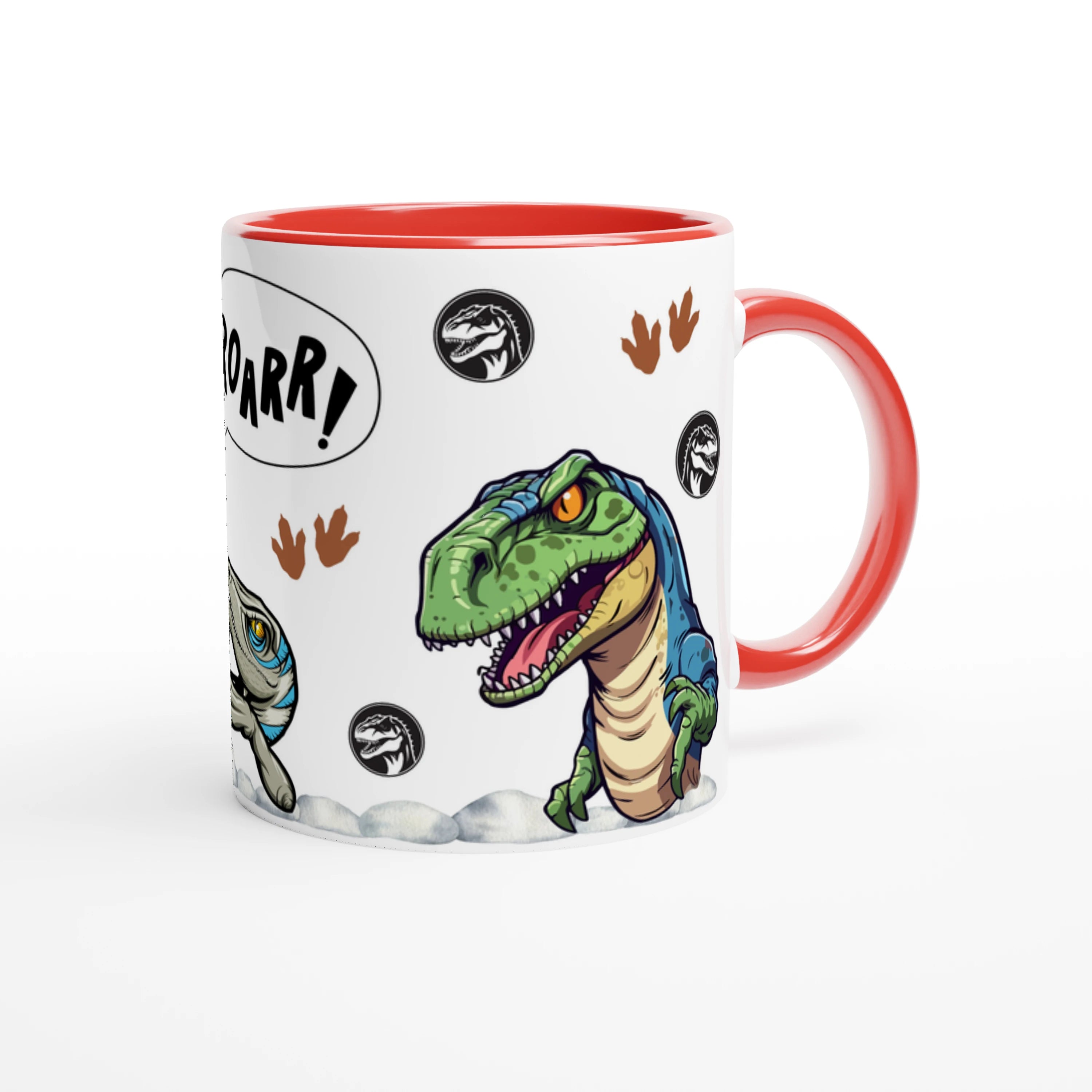 Mug dinosaure personnalisé avec prénom, intérieur rouge, motif T-Rex amusant pour enfant.