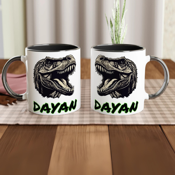 Mug dinosaure T-Rex personnalisé, intérieur noir, parfait pour un cadeau original pour les amateurs de dinosaures.