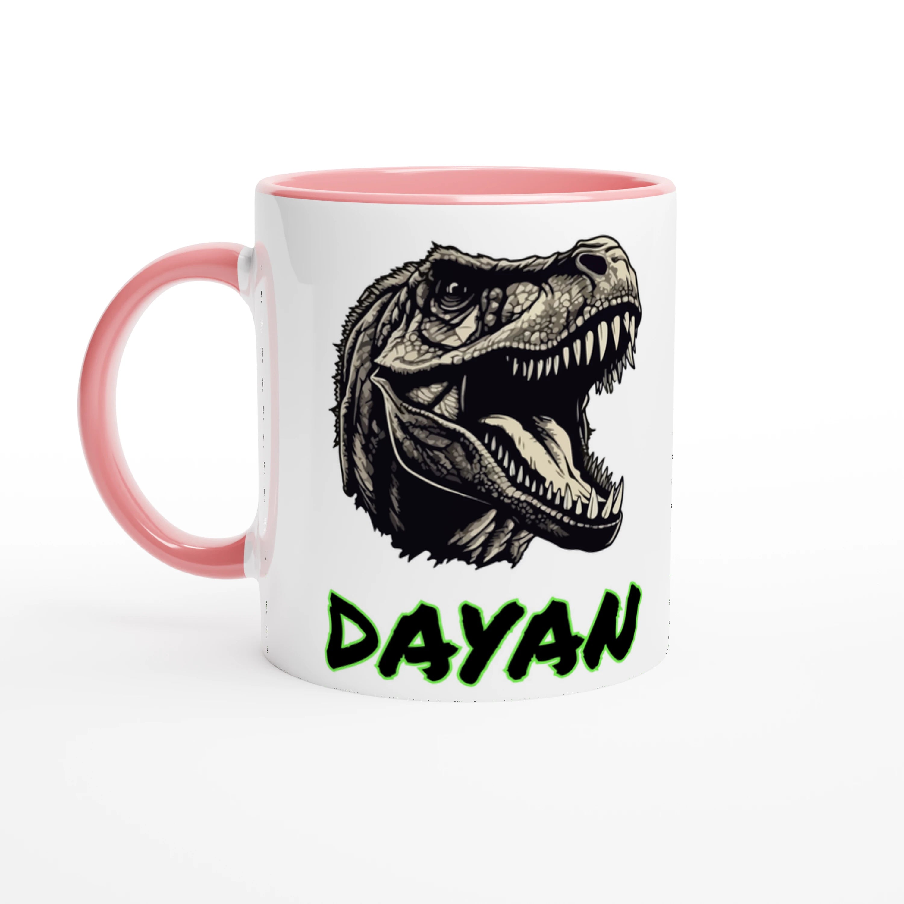 Mug avec motif T-Rex noir et prénom, intérieur rose, idéal pour les petits fans de dinosaures.