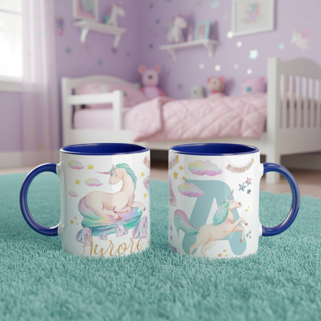Duo de mugs enfants licorne avec anses bleues sur tapis vert