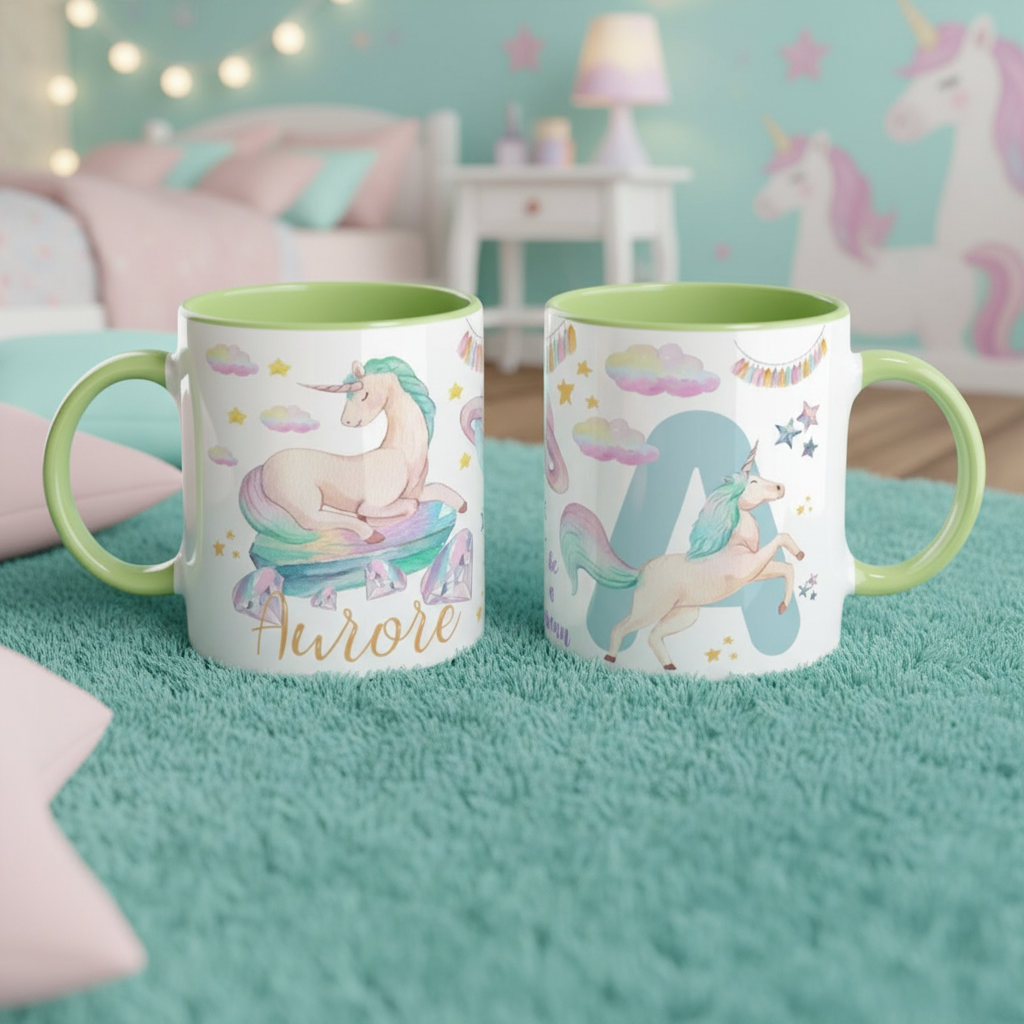 Duo de mugs licorne enfant avec anses vertes dans univers féerique
