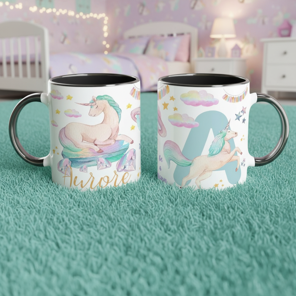Duo de mugs enfants licorne avec anses foncées en décor chambre