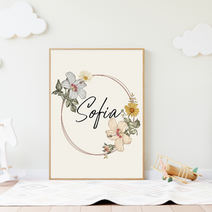Affiche décorative avec couronne de fleurs au style boho chic pour décoration de chambre d’enfant douce et poétique