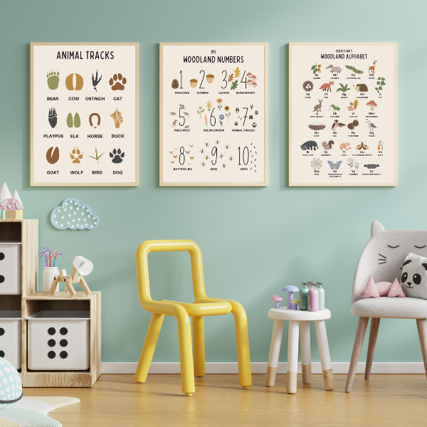 Trois affiches éducatives avec traces d’animaux, chiffres et alphabet pour décoration de chambre d’enfant