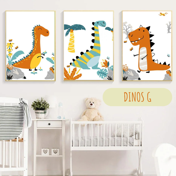  Ensemble de 3 affiches dinosaures pour une décoration murale colorée et amusante dans une chambre d’enfant.