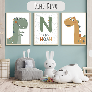 Affiches dinosaures personnalisées avec prénom, parfaites pour une décoration murale chambre bébé garçon. Idéal comme cadeau personnalisé enfant.