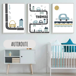Set d’affiches murales pour chambre d’enfant sur le thème autoroute et voitures, décoration ludique et moderne