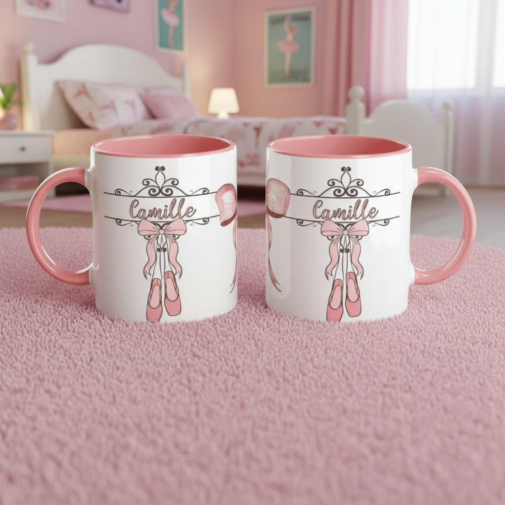 tasse en céramique personnalisée sur le thème du ballet avec intérieur rose et design danse classique